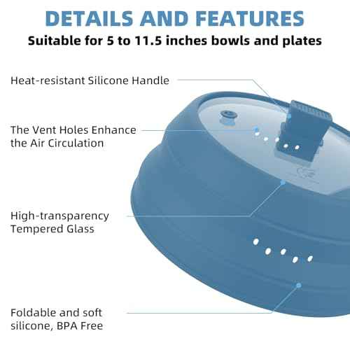 Tall Microwave Splatter Cover Glass Cover Guard Lid 6 inch Height with Collapsible Silicone for Food Pot Plate 12.5 inch Blue