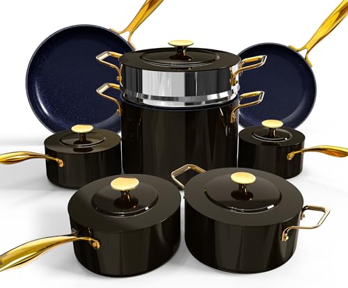 Lux LE 13Pc Ceramic Cookware Set with Elegant Gold Handle