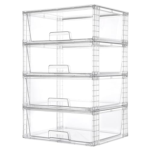 4 Pack Large Clear Stackable Storage Drawers for Closet (4 Count)