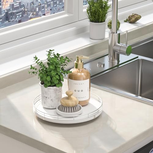 10 Inch Oak Lazy Susan Vanity Tray with Silver Metal Rail