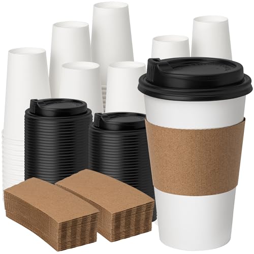 16 oz 100 Pack Disposable Coffee Cups with Lids & Sleeves (100 Count)