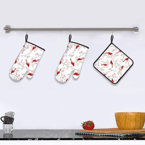 Cardinal Bird Red Berry Decor Oven Mitts and Pot Holders Sets of 3 (3 Count)