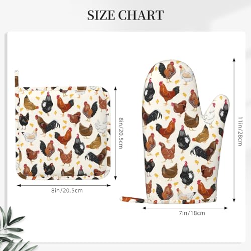 Rooster Hen Oven Mitts and Pot Holders Sets Silicone Rustic Domestic Animal Chicken Kitchen Mitts Potholders Heat Resistant 4Pcs Oven Gloves Hot Pads for Kitchen Baking Cooking BBQ Grilling (4 Count)