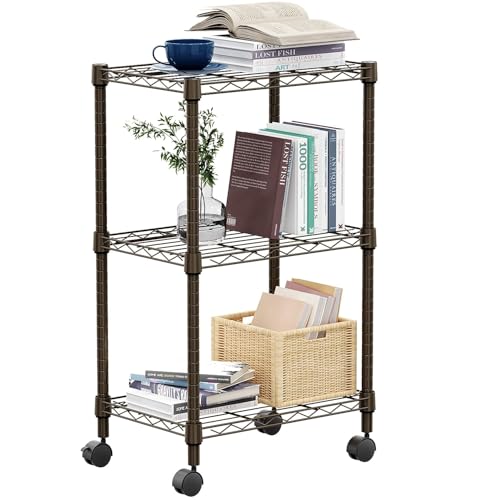 3 Tier Shelf Metal Storage Shelves Wire Rack Closet Organizers with Wheel for Garage Kitchen Bathroom Laundry Brown 11.8" D x 17.7" W x 29.8" H (3 Count)