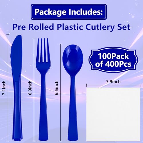 400PCS Pre Rolled Blue Plastic Silverware Set Heavy Duty for Wedding (400 Count)