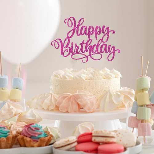 1 PCS Happy Birthday Cake Topper Glitter Happy Birthday Cake Pick for Celebrating Happy Anniversary Party Cake Decorations Supplies Rose Red