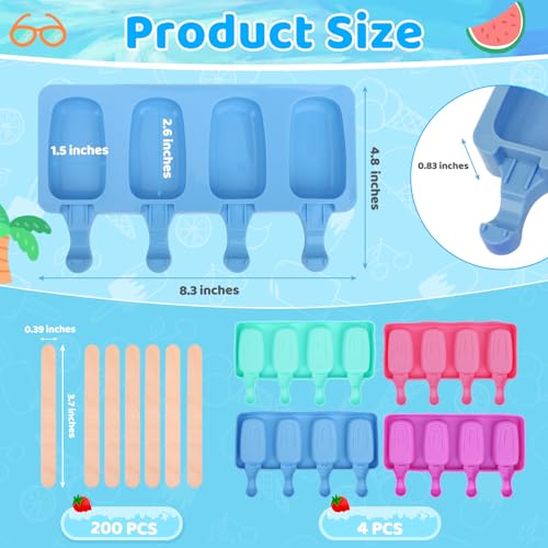 4 Set Silicone Popsicle Molds with 200 Sticks (4 Count)