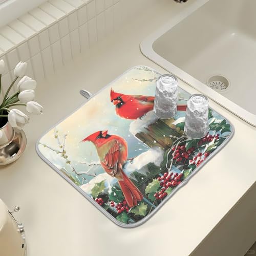 Winter Birds Snowflakes Berry Dish Drying Mat for Kitchen Counter Absorbent Microfiber Large Christmas Drying Pad Dish Mats for Kitchen Countertops 18 x 24 Inch