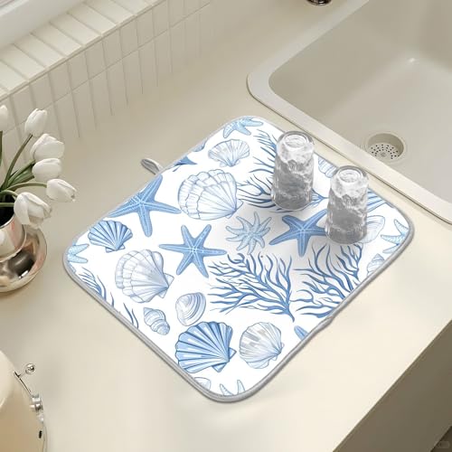 Nautical Coastal Dish Drying Mat for Kitchen Counter Absorbent Microfiber Small Summer Ocean Themed Seashell Coral Starfish Drying Pad Dish Mats for Kitchen Countertops 16 x 18 Inch