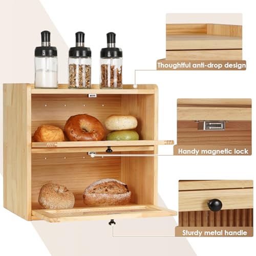 Bread Box for Kitchen Countertop Wooden Bread Storage Container Bin 2 Layer Breadbox Holder Large Capacity Keeper Vintage Farmhouse Food Organizer Pantry Shelf Acrylic Window（Wood color）
