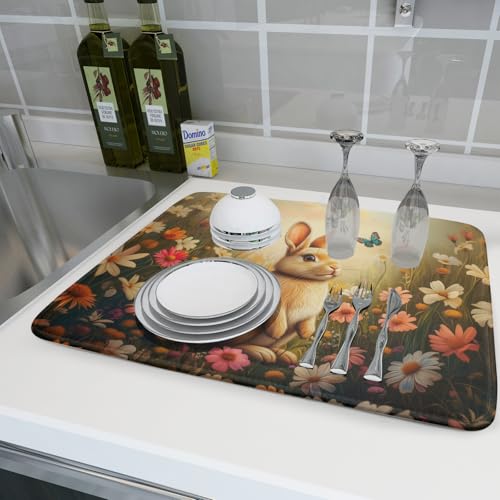 Easter Bunny Dish Drying Mat Flower Butterfly Kitchen Drainer Mat 18x24 inch Absorbent Reversible Dish Rack Pad for Counter Tabletop Decor