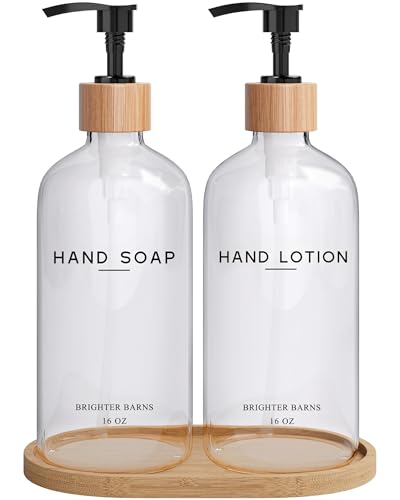 Clear Glass Soap and Lotion Dispenser Set with Tray by Brighter Barns (2 Count)