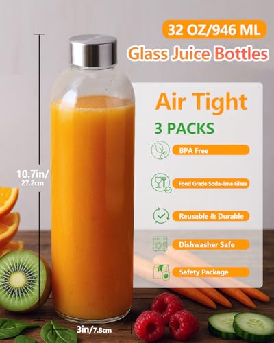 Clear Glass Water Bottles with Stainless Steel Lids 32 oz (3 Count)