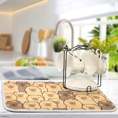 Cute Capybara Orange Dish Drying Mat for Kitchen Counter Absorbent Microfiber Drying Pad