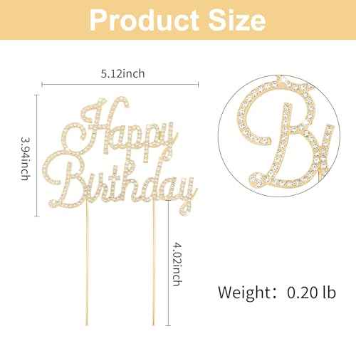 Gold Happy Birthday Cake Topper Rhinestones Cake Decorations for Birthday Party