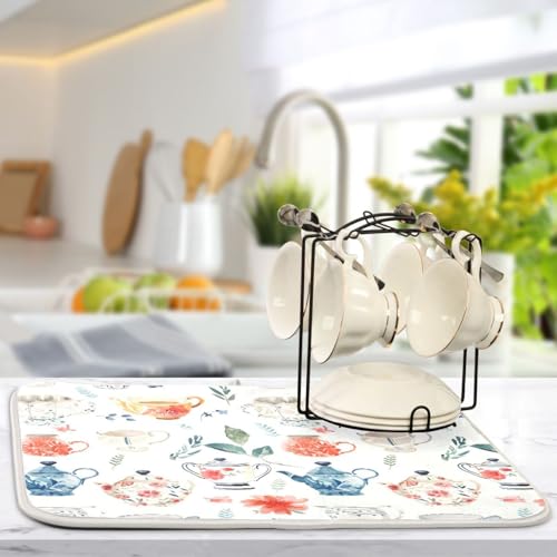 Watercolor Tea Cups Teapots Dish Drying Mat for Kitchen Counter Absorbent Microfiber Drying Pad