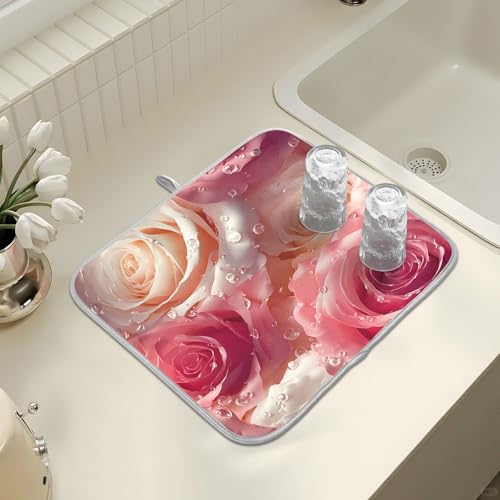 3d Pink White Roses Dish Drying Mat for Kitchen Counter Absorbent Microfiber Large Drying Pad Dish mats for Kitchen Countertops 18 x 24 Inch