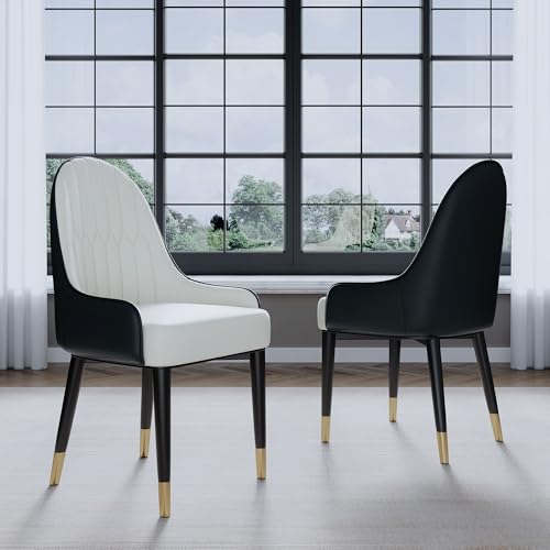 Black White Dining Chairs Set of 2 with High Backs Mid Century Modern Kitchen Dining Room Chairs PU Faux Leather Upholstered Large Padded Accent Chair with Legs (2 Count)