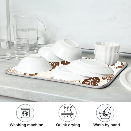 Brown Beige Floral Leaves Dish Drying Mat for Kitchen Counter Absorbent Microfiber Drying Pad