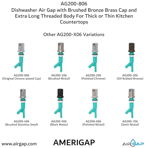 Dishwasher Air Gap with Skirted Brushed Bronze Brass Cap and Extra Long Threaded Body for Thick or Thin Kitchen Countertops