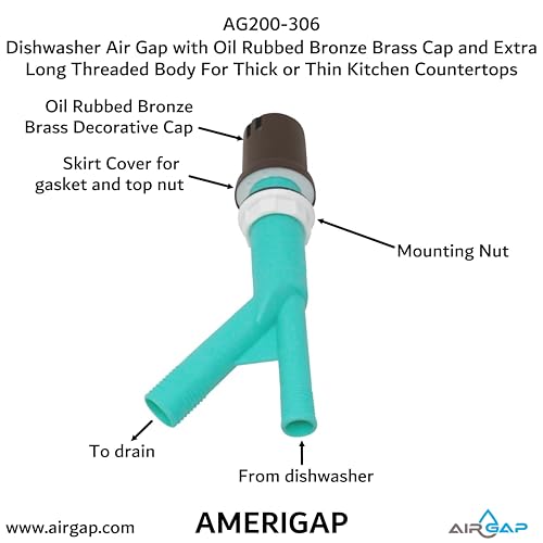 Dishwasher Air Gap with Skirted Oil Rubbed Bronze Brass Cap and Extra Long Threaded Body for Thick or Thin Kitchen Countertops
