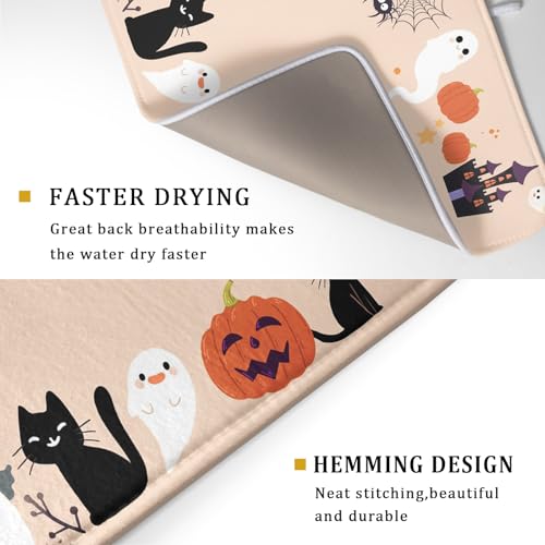 Fuuny Ghost Dish Drying Mats Holiday Decor Drying Pad Black Cat Drainer Rack Mats for Coffee Bar 18 X 24 Inch
