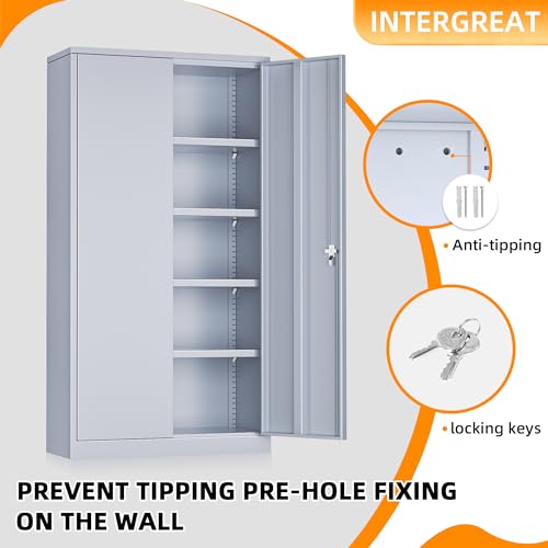 Metal Storage Cabinets 72” Cement Grey Garage Steel Storage Cabinet with Doors and Shelves