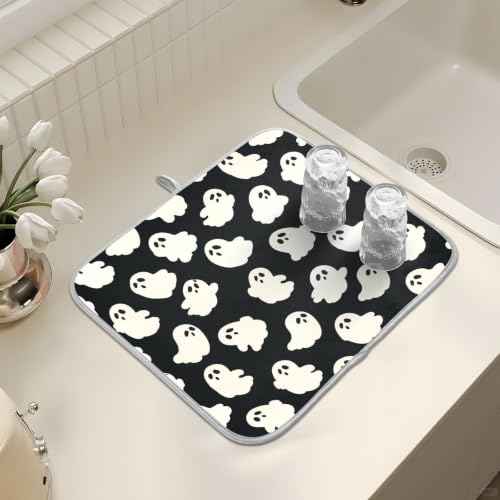 Halloween Cute Ghost Dish Drying Mat for Kitchen Counter Absorbent Microfiber Large Drying Pad Dish mats for Kitchen Countertops 18 x 24 Inch