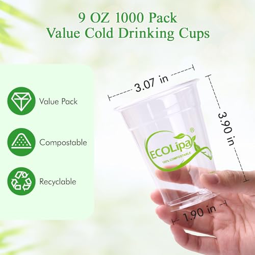 1000 Count 9 OZ Clear Compostable Plastic Cups for Restaurant