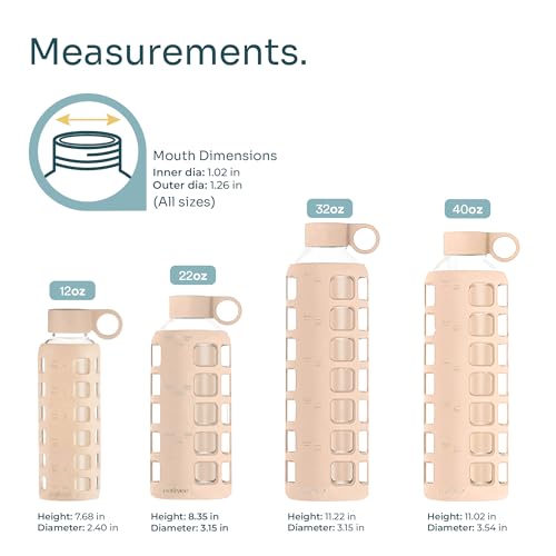 40oz / 32oz / 22oz / 12oz Borosilicate Glass Water Bottle with Time & Volume Markers, Silicone Sleeve, Stainless Steel Lid | Reusable Glass Bottle for Water & Juice (32oz Hazelnut)