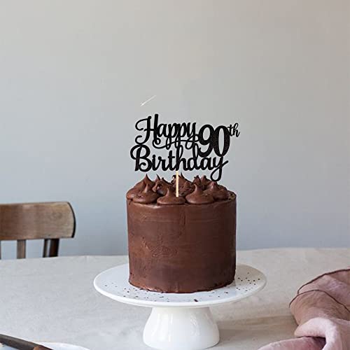 1 PCS Happy 90th Birthday Cake Topper Glitter Cheers to 90 Years Birthday Cake Pick 90 Fabulous Cake Decoration for Happy 90th Birthday Theme Party Decorations Supplies Black