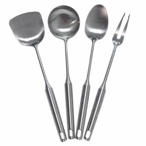 304 Stainless Steel Cooking Utensils Set 4 Piece 15 Inch Large Size Metal Kitchen Utensils Set Including Spatula (4 Count)