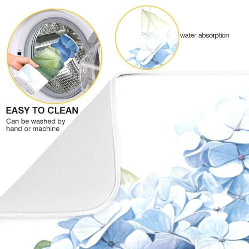 Blue Hydrangeas Flower Dish Drying Mat for Kitchen Counter Absorbent Microfiber Drying Pad