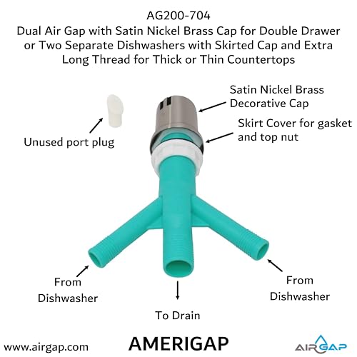 Dual Air Gap with Satin Nickel Brass Cap for Double Drawer or Two Separate Dishwashers with Skirted Cap and Extra Long Thread for Thick or Thin Countertops