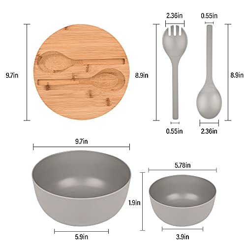 Bamboo Fiber Salad Bowl with Servers Set Large 9.8inches Nature Bamboo Mixing Bowl with Servers with Lid Spoon and Fork for Fruits