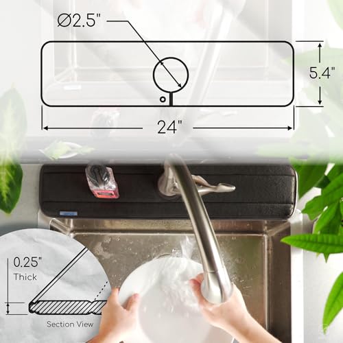 Original SINKMAT 24in XL Faucet Splash Guard Extra Long Microfiber Sink Drip Catcher Mat Non Slip Countertop Protector Drying Pad for Kitchen Bathroom RV Machine Washable Black