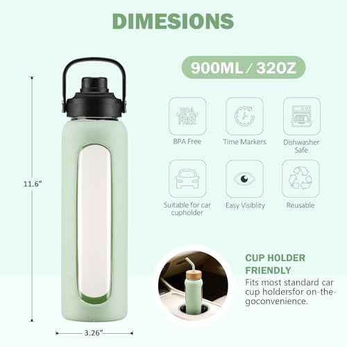 32 oz Glass Water Bottle with Straw and 2 Lids