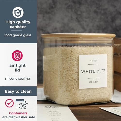 Large Glass Flour and Sugar Containers with 42 Kitchen Pantry Labels