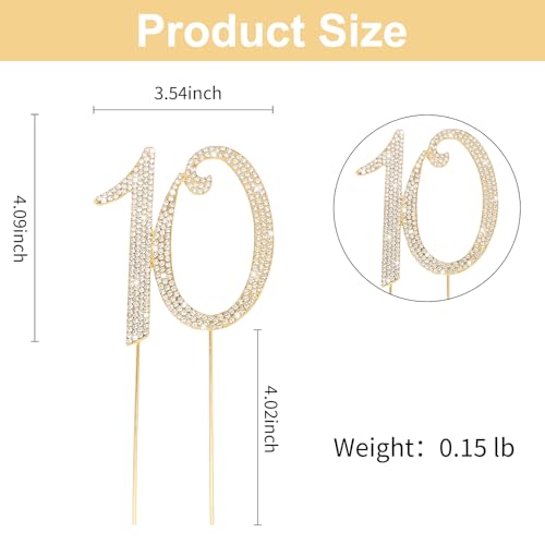 Gold 10th Birthday Cake Topper Rhinestones Cake Decorations for 10th Birthday Party