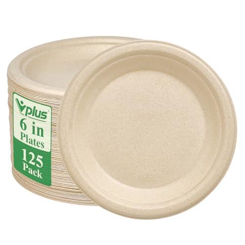 125 Pack Compostable Bagasse Paper Plates 6 inch (125 Count)