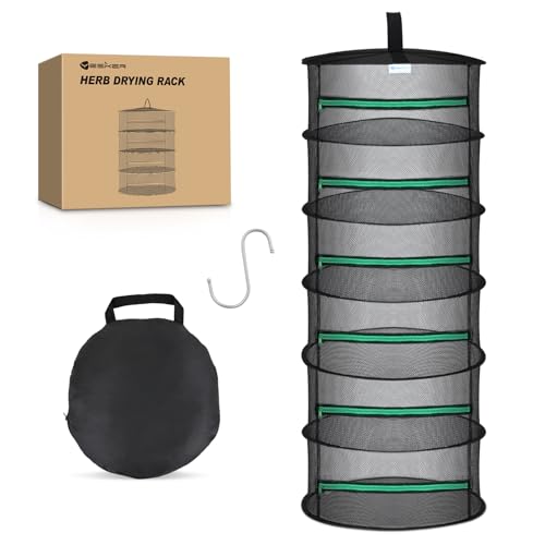 6 Layer Herb Drying Rack Hanging Mesh Net Foldable Plant Drying Racks 24" Diameter with Green Zipper & Hook Dryer Hanging Rack for Herbs Seed Bud Fruit Clothes Grow Tent Closets Garden Outdoor
