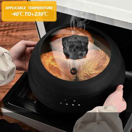 Tall Microwave Splatter Cover Glass Cover Guard Lid 7 inch Height with Collapsible Silicone for Food Pot Plate 12.5 inch Black