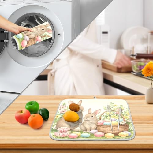 Cute Easter Bunny Rabbit Eggs Dish Drying Mat for Kitchen Counter Absorbent Microfiber Small Drying Pad Dish Mats for Kitchen Countertops 16 x 18 Inch