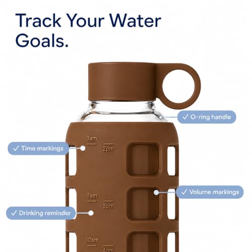 40oz / 32oz / 22oz / 12oz Borosilicate Glass Water Bottle with Time & Volume Markers, Silicone Sleeve, Stainless Steel Lid – Reusable Glass Bottle for Water & Juice (32oz Earth Brown)