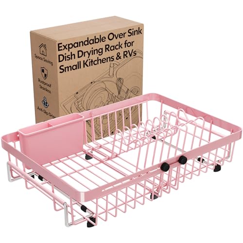 Pink Expandable Dish Drying Rack Over The Sink with Anti Slip Grip