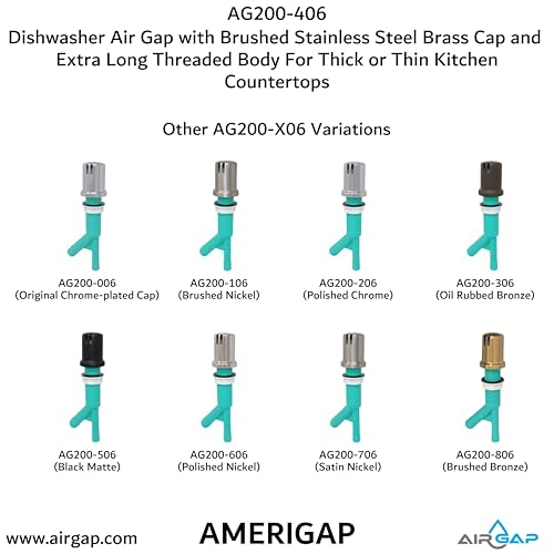 Dishwasher Air Gap with Skirted Brushed Stainless Steel Brass Cap and Extra Long Threaded Body for Thick or Thin Kitchen Countertops