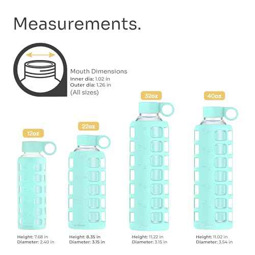 40oz / 32oz / 22oz / 12oz Borosilicate Glass Water Bottle with Time & Volume Markers, Silicone Sleeve, Stainless Steel Lid | Reusable Glass Bottle for Water & Juice (32oz Glow-in-the-Dark)