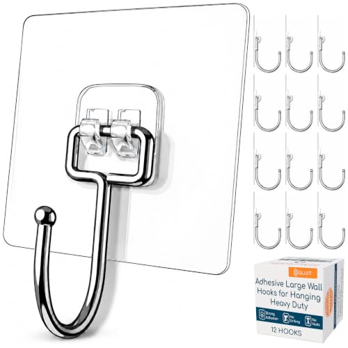 Adhesive Large Wall Hooks for Hanging Heavy Duty No Drill (12 Count)