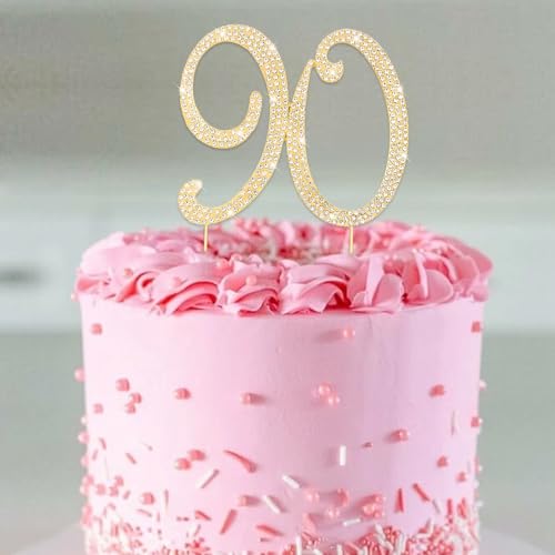 Gold 90th Birthday Cake Topper Rhinestones Cake Decorations for 90th Birthday Party