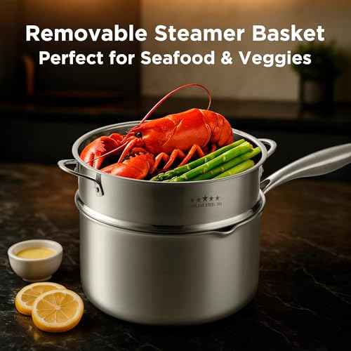 Tri Ply Stainless Steel Sauce Pan with Steamer Basket & Straining Glass Lid